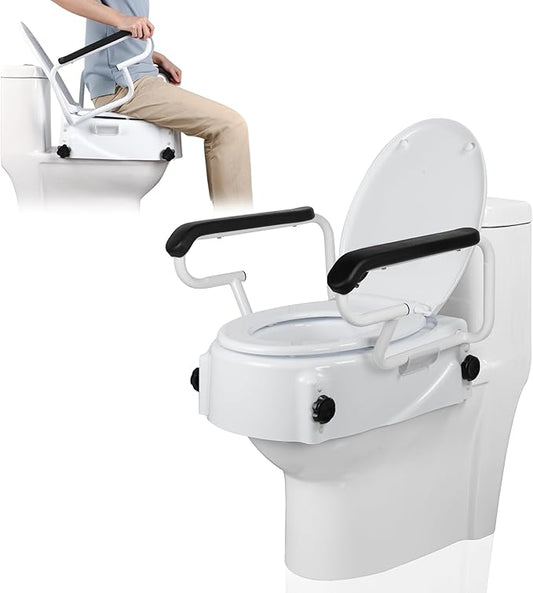 Raised Toilet Seat for Seniors with Flip-up Handles, 5.9" Adjustable Toilet Seat Riser Elevated Medical Supplies & Equipment for Handicap, Elderly, Hip Replacement After Surgery