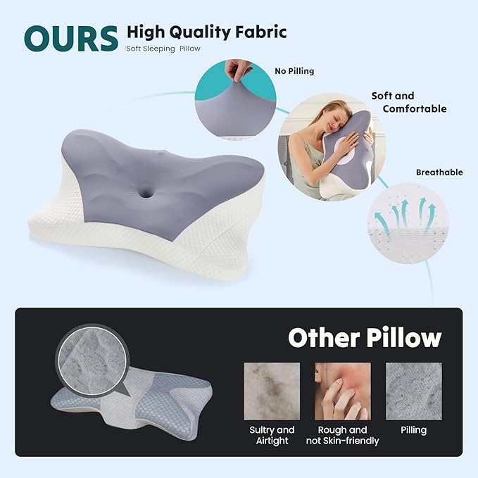 DUMOS Cervical Neck Pillow, Cooling Ergonomic Memory Foam Pillows for Neck Pain Relief with Breathable Pillowcase, Dual Height Orthopedic Support Contour Pillow for Side, Back, Stomach Sleepers, Grey