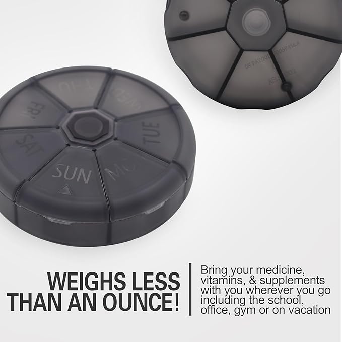 Portable Weekly Pill Organizer (Pack of 2) 7 Day Container,Round Case Travel Friendly,Daily Week Pill Reminder,Vitamin,Supplement,Fish Oil,Medication Planner (Black)