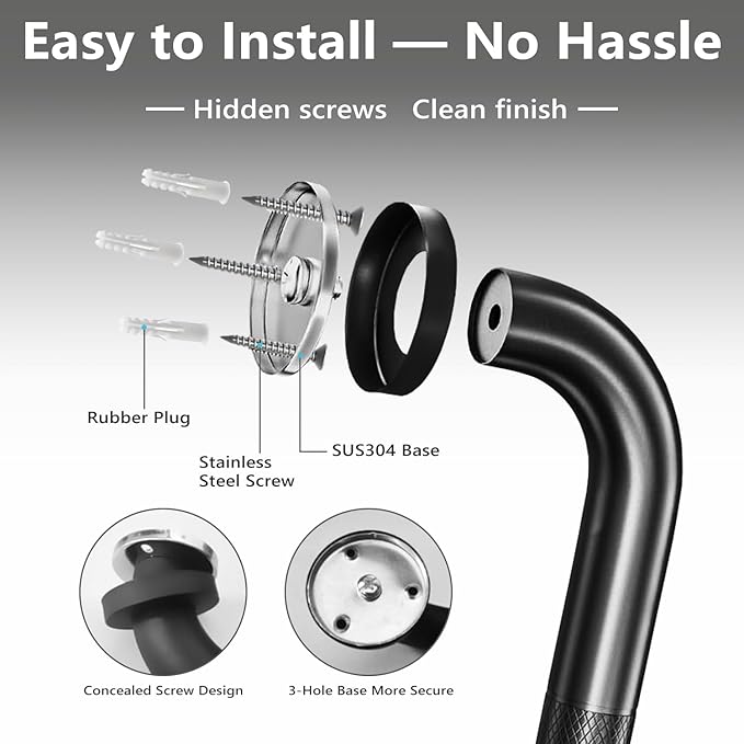 2 Pack Shower Grab Bars for Bathroom 16 Inch Black Stainless Steel Anti-Slip Knurled Grip Home Care Bath Handrail Safety Hand Rail Support for Showers Seniors Elderly Assist Handicap Bath Handle