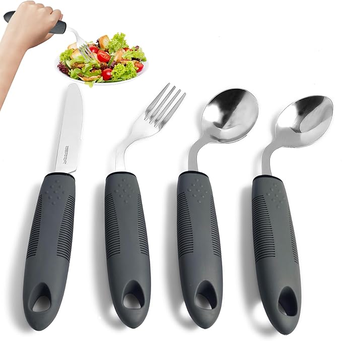 4 Pcs Adaptive Utensils for Elderly, 45° Angled Built Up Handle Utensils for Adults, Arthritis Silverware for Parkinsons Patients, Eating Utensils for Hand Tremors(Left-Handed)