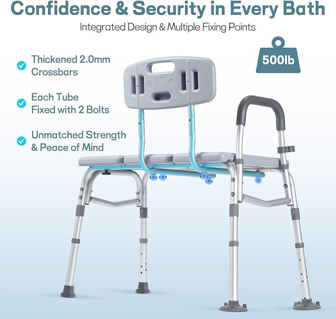 500lb Heavy Duty Shower Bench, Tool-Free Tub Transfer Bench with Arms & Back, Height Adjustable Handicap Shower Seat, Non-Slip Bath Safety Chair for Elderly & Surgery-Gray
