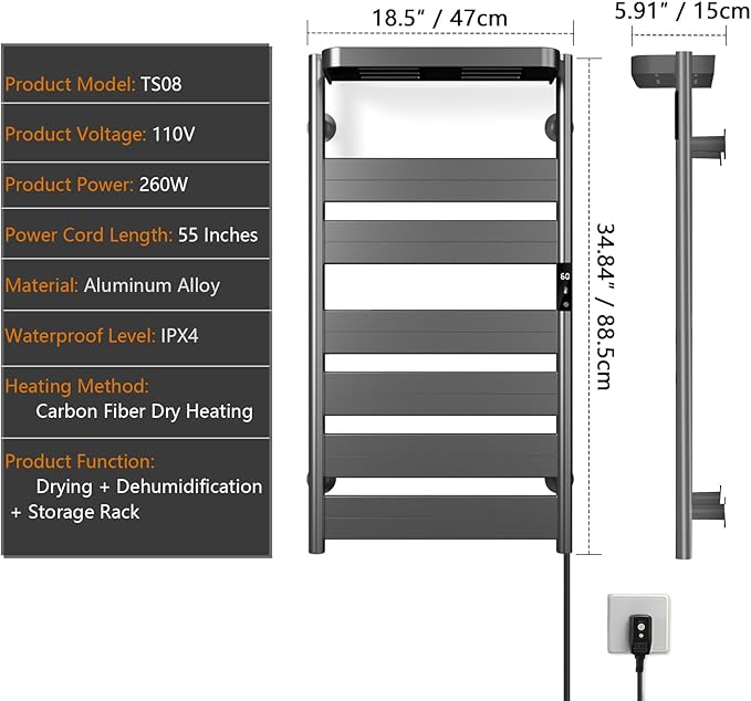 Towel Warmer Rack, Heated Towel Rack for Bathroom, Wall-Mounted Plug (Not Hardwired), Aluminum alloy/6 large area heating rods, With Timer and Temperature Adjustment, Overheat Protection Function Gray
