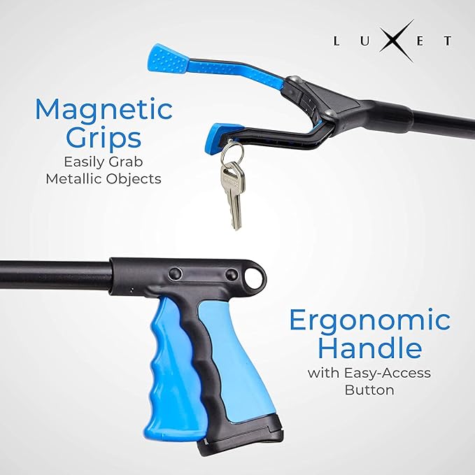 Grabber Reacher Tool, Luxet Long Steel Foldable Pick Up Stick, Strong Grip Magnetic Tip, Heavy Duty Trash Picker Claw Reacher Grabber Tool, Elderly Wheelchair Mobility Aid (2-Pack, Blue)