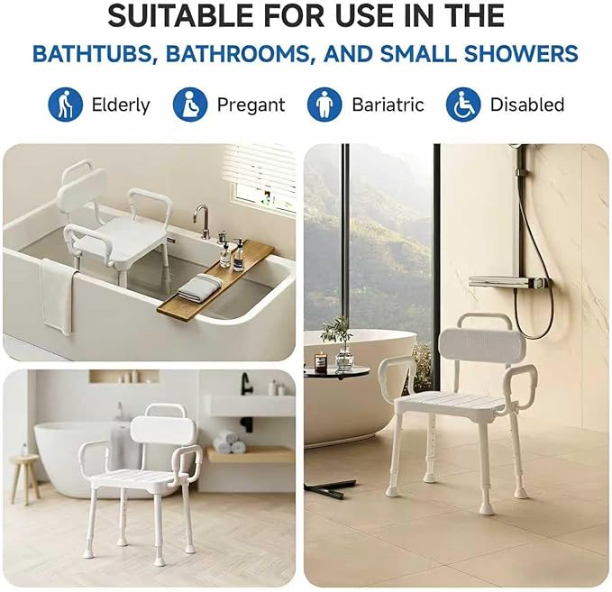 Shower Chair for Bathtub, Adjustable Height 15.7"–21.2" Bath Stool with Removable Backrest and Arms, Rust-Resistant Aluminum Frame, Non-Slip Rubber Feet, Supports 350 lbs， Neutral Gray