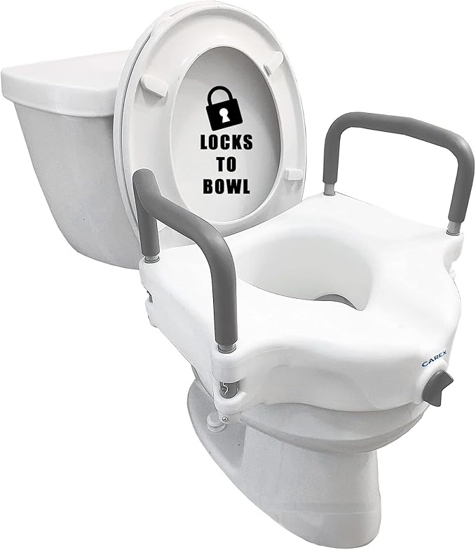 Carex E-Z Lock Raised Toilet Seat with Handles, 4.5 Inch Toilet Seat Riser with Arms, Toilet Riser Fits Most Toilets, Elongated or Round, Toilet Seat Lifter, White