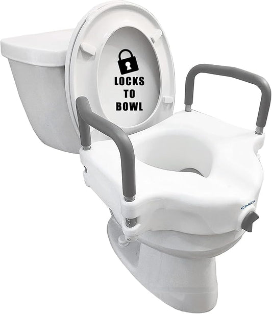 Carex E-Z Lock Raised Toilet Seat with Handles, 4.5 Inch Toilet Seat Riser with Arms, Toilet Riser Fits Most Toilets, Elongated or Round, Toilet Seat Lifter, White