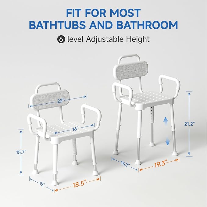 Loyoda Shower Chair for Inside Shower,Bath Chair with Arms and Back,Aluminum Shower Stool for Tub,Slip Resistant Shower Bench,Height-Adjustable Shower Seat with Handles for Seniors,Neutral Gray