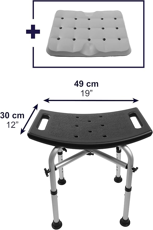 KMINA Shower Stool, Padded with Foam Cushion, Heavy Duty Double Reinforced Crossbar with 6 Height Adjustable, Tool Free, Anti-Slip, Made in Europe