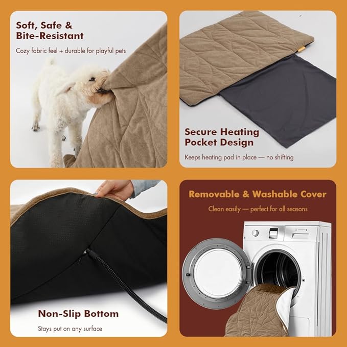 Vagascape Dog Bed, Waterproof Pet Bed with Washable Removable Cover, Comfort Cat Dog Pad for All Seasons, Heating Khaki Rectangle Cat Bed Mat with Nonskid Bottom(31"x20")