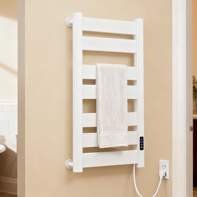 Towel Warmer Rack, Heated Towel Rack for Bathroom, Wall-Mounted Plug (Not Hardwired), Aluminum alloy/7 large area heating rods, With Timer and Temperature Adjustment, Overheat Protection Function