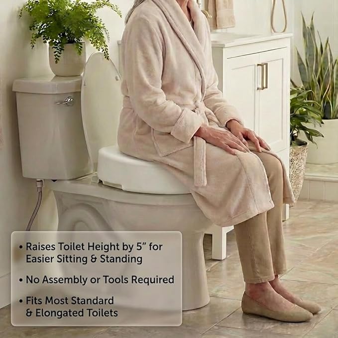 NOVA Toilet Seat Riser – Adds 5” Height, Raised Toilet Seat with ON/Off Front Lock, 300 lb Capacity, Fits Standard & Elongated Toilets, Slip-Resistant Bathroom Safety Aid for Seniors