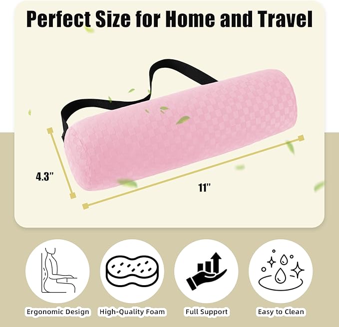 Lumbar Roll Pillow for Lower Back, Lumbar Support Foam Roll Cushion with Pillowcase and Upgraded Strap for Office, Chair, Car, Seat Pain Relief & Improving Posture (Light Pink, Short-11 * 4.3'')