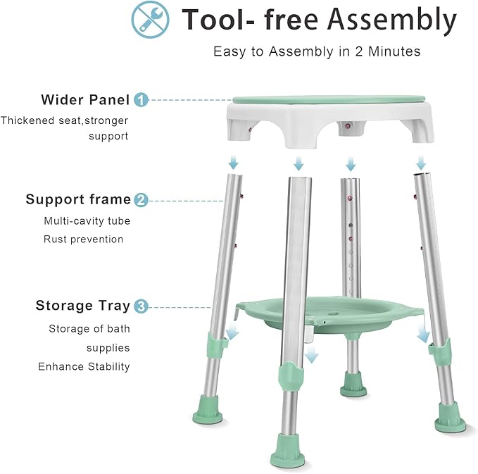 Swivel Shower Stool 350lbs, Tool-Free Assembly Adjustable Shower Seat Bathroom Stool with Storage Tray & Anti-Slip Rubber Tips for Safety and Stability