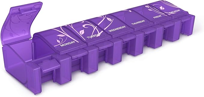 EZY DOSE Soft Touch Weekly (7-Day) Pill Case, Medicine Planner, Vitamin Organizer Box, Daily Planner, XL Compartments, Convenient and Easy to Use, Labeled Lids, Color May Vary, BPA Free