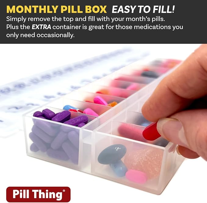Once-a-Day Monthly Pill Organizer – Large Compartments with Removable Lid for Easy Loading – Holds 31 Days of Medications Plus Extra Compartment – BPA Free