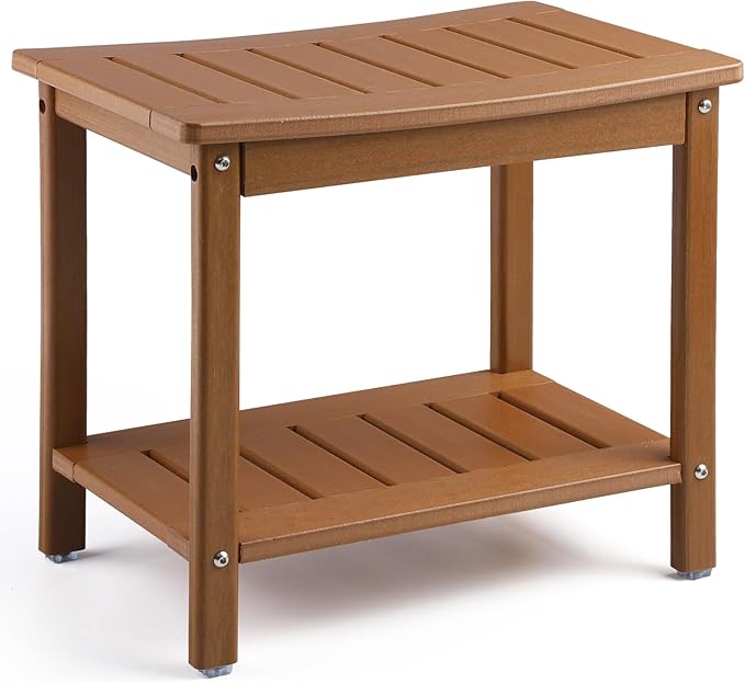 Apolimi HDPE Shower Bench, 2-Tier Spa Stool with Storage Shelf, Non-Slip & Water Resistant Shower Seat (Teak L Size)