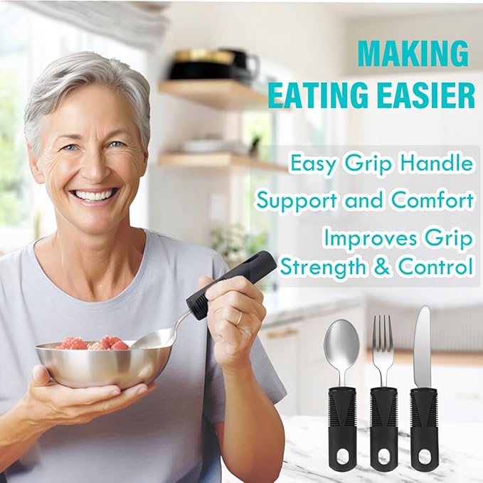 Nourislif Adaptive Utensils, Adaptive Utensils 3pcs for Hand Tremors,Elderly, Arthritis,Parkinsons-Built Up Utensils for Adults–Easy Grip Aids Handle–2.7oz Each Weighted Silverware for Hand Tremors