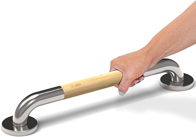 Safety Grab Bar for Bathroom & Toilet, Natural Bamboo Handle, ADA Compliant Balance Assist Handrail for Handicap and Seniors, 16in Brushed Nickel