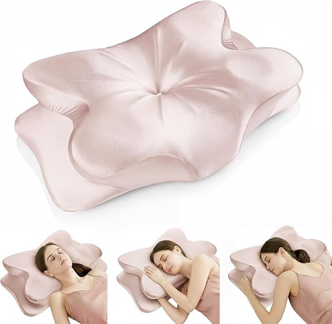 Cervical Neck Pillow for Neck Pain Relief,Ergonomic Memory Foam Contour Pillow with Wrinkle-Resistant Silky Satin Fabric Cover,Orthopedic Bed Pillow for Side,Back,Stomach Sleepers,Pink