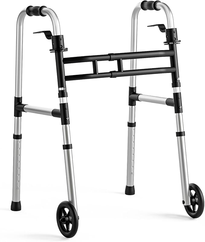 Loyoda Walkers for Seniors Foldable, Aluminum Lightweight Walker with Wheels, Adjustable Height & Width Standard Walkers for Elderly & Disabled, 350 lbs Capacity, Silver