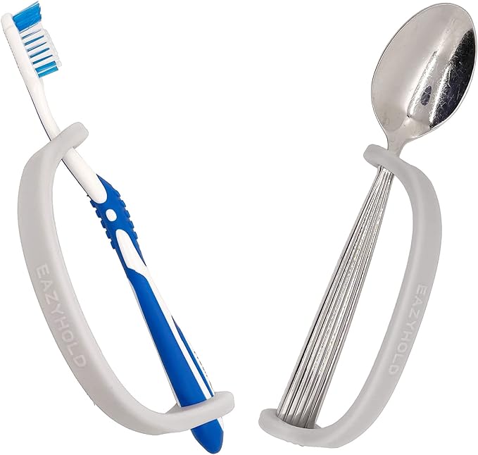 EazyHold Silver Silicone Universal Cuff, Weak Hand Grip Assistive Device for Large Hands or Limbs, Eating Utensils Holder, Adaptive Dining Ware, Tremors, Stroke, Arthritis 2-Pack 7.25"