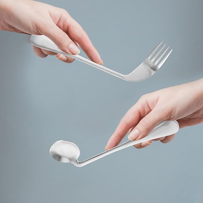 Right Handed Angled Feeding Utensils for Elderly Adults Curved Spoon and Fork Adaptive Tableware for S and Hand Tremors Assistance