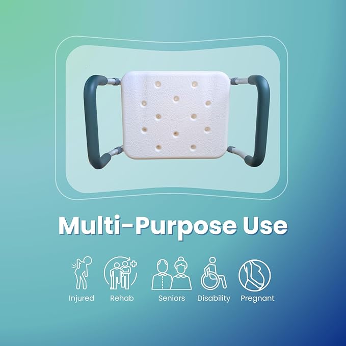 HEALTHLINE Adjustable Shower Bench with Arms – Lightweight Bath Seat with Padded Handles, Height 15"–20", White Plastic Seat with Drainage Holes, for Balance Assistance in Shower/Tub, 300 lb Capacity