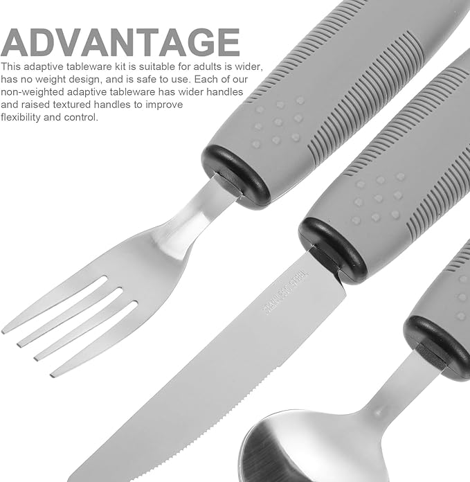 Healifty Anti-Shake Tableware Set 3-Piece Adaptive Utensils with Tpr Non-Slip Handles for Elderly Arthritis Hand Tremors Eating Aid