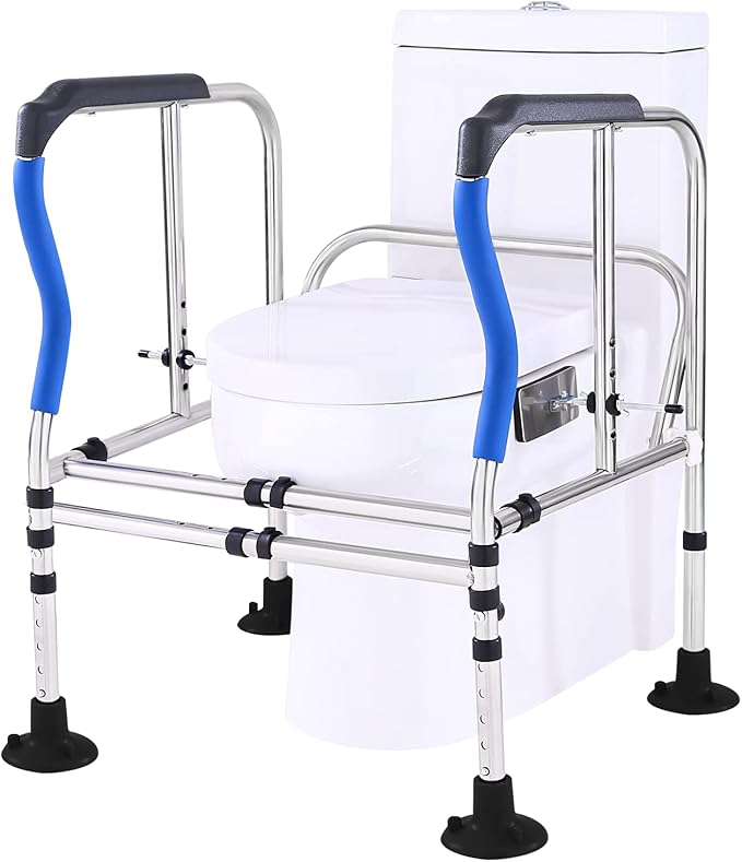 Toilet Safety Rail Frame, Heavy Duty Stand Alone Toilet Rail with Handles for Elderly Handicap, Adjustable Height & Width, Double Crossbar & Suction Cups, 330lbs Capacity, Fits Most Toilets