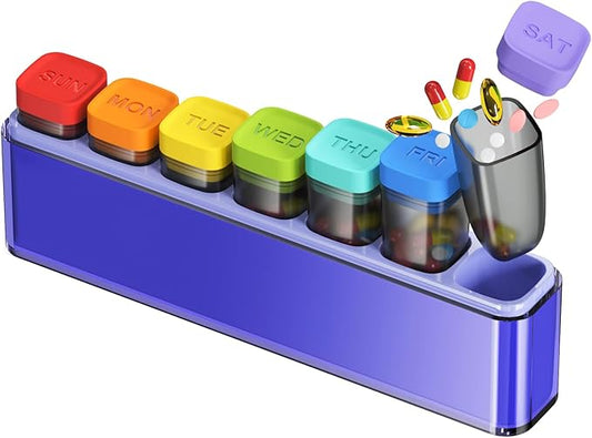 Weekly Pill Organizer 1 Time a Day, HIONXMGA Detachable Travel Pill Box 7 Day, Large Medicine Pill Case Container for Daily Medication Vitamin Supplement Fish Oil, Portable Week Pills Holder, Purple