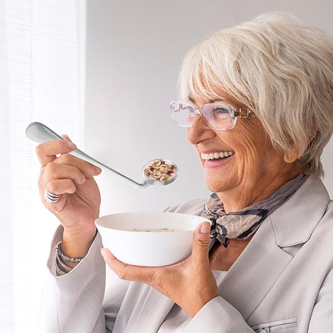 Right Handed Angled Feeding Utensils for Elderly Adults Curved Spoon and Fork Adaptive Tableware for S and Hand Tremors Assistance
