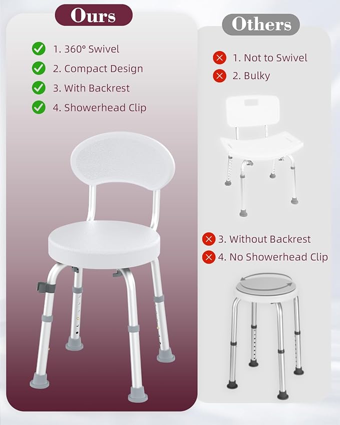 Swivel Shower Chair, 360° Non-Slip Shower Seat with Backrest for Elderly and Disabled, Height Adjustable Rotating Tub Bench for Seniors Bathroom Inside Shower with Compact Frame (White)