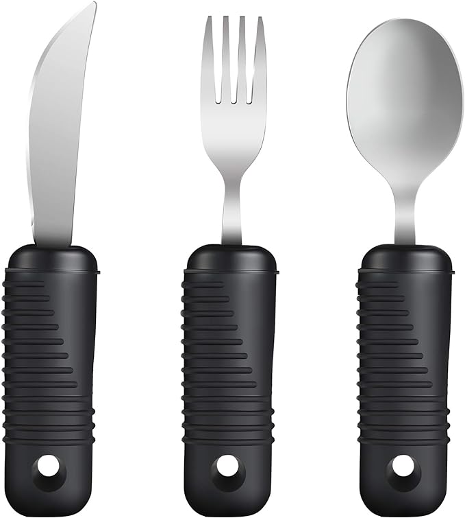 YPC Adaptive Utensils,Easy Grip Silverware,Built-Up Fork,Spoon and Rocker Knife for Adults,Elderly,Arthritis,Tremors and Parkinsons,3 Piece Set