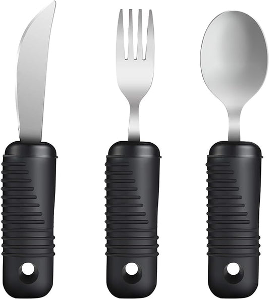 YPC Adaptive Utensils,Easy Grip Silverware,Built-Up Fork,Spoon and Rocker Knife for Adults,Elderly,Arthritis,Tremors and Parkinsons,3 Piece Set