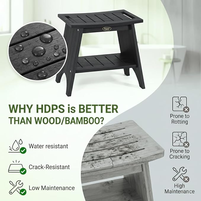 HDPS Shower Benches for Inside Shower, 17" Height Waterproof Bath Stool with 2-Tier Storage Shelf, Heavy Duty Spa Seat for Shaving Legs, Seniors & Adults, Wood-Like Texture, Black