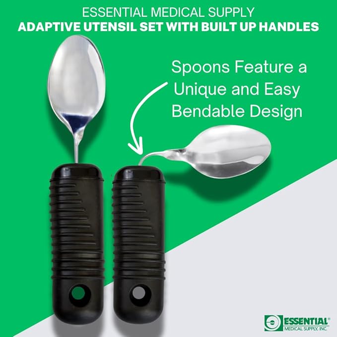 Essential Medical Supply Adaptive Utensil Set with Built Up Handles - Bendable Fork, Spoon, and Rocker Knife with Large Soft Handles for Arthritis, Orthopedic Recover and Elderly Individuals