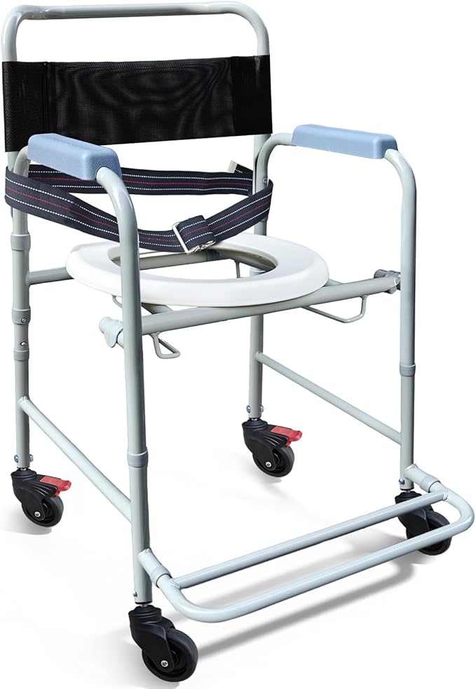 Aliseniors 3-in-1 Rolling Shower Chair with Wheels, Bedside Commode Transport Wheelchair, Waterproof Inside Bathroom & Toilet Chair for Handicap, Elderly, Injured or Disabled, 250 lbs