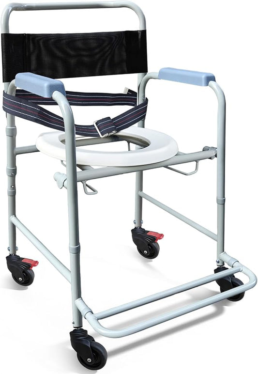 Aliseniors 3-in-1 Rolling Shower Chair with Wheels, Bedside Commode Transport Wheelchair, Waterproof Inside Bathroom & Toilet Chair for Handicap, Elderly, Injured or Disabled, 250 lbs