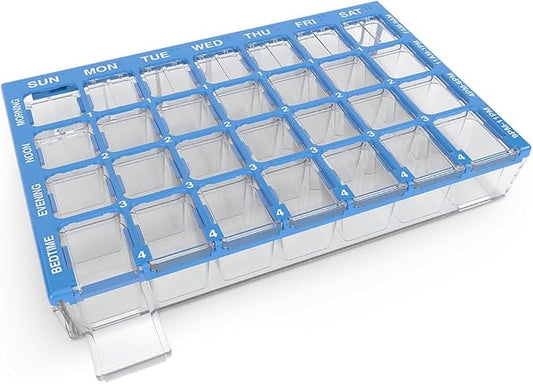 EZY DOSE Weekly AM/PM (7-Day) Daily Pharmadose Pill Planner, Medicine Case, Vitamin and Supplement Organizer, Medium Easy Fill Compartments, 4 Times a Day, 28 Compartments, Blue, BPA Free