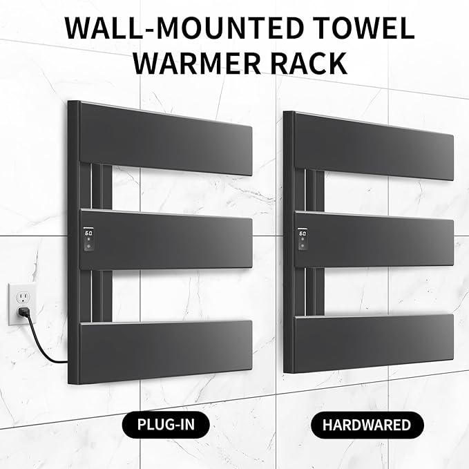 Verida Towel Warmer Rack, Support Hardwired and Plug-in, Wall-Mounted Electric Towel Heater, with Built-in Timer, Waterproof Aluminum Towel Warmer for Bathroom, LV-3S Gray