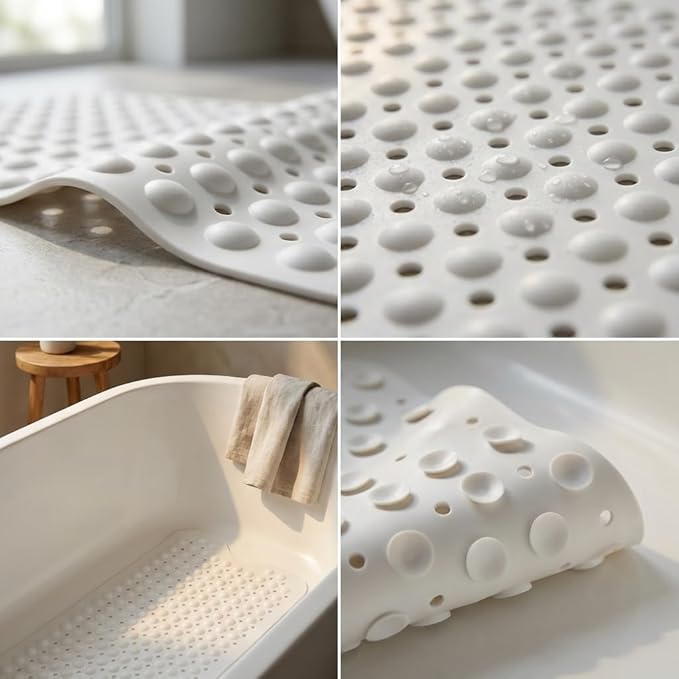 Minimalist TPE Bath Mat for Tub & Shower, Non-Slip Bathtub Mat with Suction Cups, Soft and Comfortable Shower Mat, Quick Drain Holes, Machine Washable, Large Bathroom Mat, White