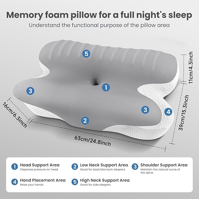 JINXIA Cervical Neck Pillow Memory Foam Pillows for Sleeping,Ergonomic Orthopedic Neck Support Pillow,Cooling Pillow with Removable Pillowcase for Side,Back, Stomach Sleepers,Light Gray