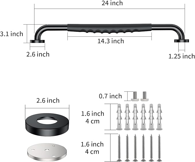 2 Pack 24 Inch Black Shower Grab Bar w/Anti Slip Rubber Grip,ZUEXT Stainless Steel Bath Grab Bar,Bathroom Balance Bar,Wall Mount Safety Handrail Support,Handicap Injury Elderly Senior Assist Handle