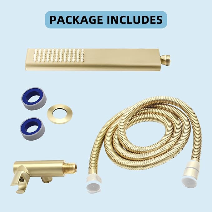 Solid Brass Handheld Shower Head Arc Design High Pressure Brushed Gold Hand Shower Wand with Adjustable Supply Elbow Wall Connector Shower Holder and 59″ Stainless Steel Hose Set