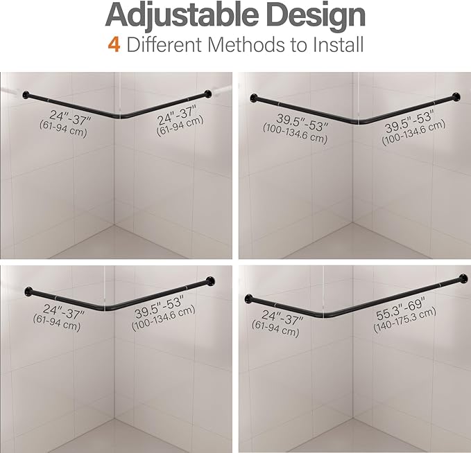 L Shaped Corner Shower Curtain Rod, 24" - 53" x 24" - 53" Adjustable 90 Degree Curved Bathroom Rod Square Rail No Sag with 12 Hooks & Ceiling Support - Black