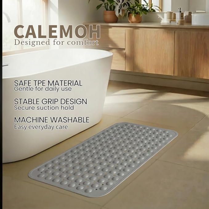 Minimalist TPE Bathtub Mat Non Slip for Tub & Shower, Bath Mat with Strong Suction Cups, Soft Comfortable Shower Mat, Quick Drain Holes, Machine Washable, Large Light Grey Mats, 27.5’’ x 16’’