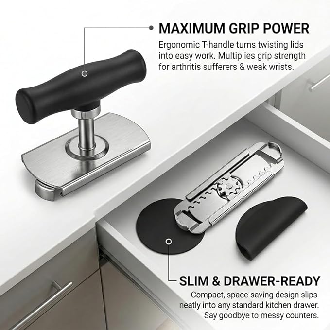 Cap Crack Jar Opener Set with Silicone Gripper Pad, Heavy Duty Stainless Steel Cap Crack Opener for Weak Hands & Seniors, Adjustable Jar Cap Opener for Stuck Bottles