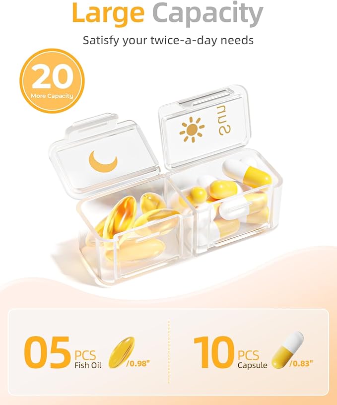 AM PM Pill Organizer 2 Times A Day, 7 Day Pill Box Weekly Pill Organizer Travel with Separate Container, Portable Daily Medicine Planner Dispenser Case for Vitamin, Fish Oils, Supplements（Beige）