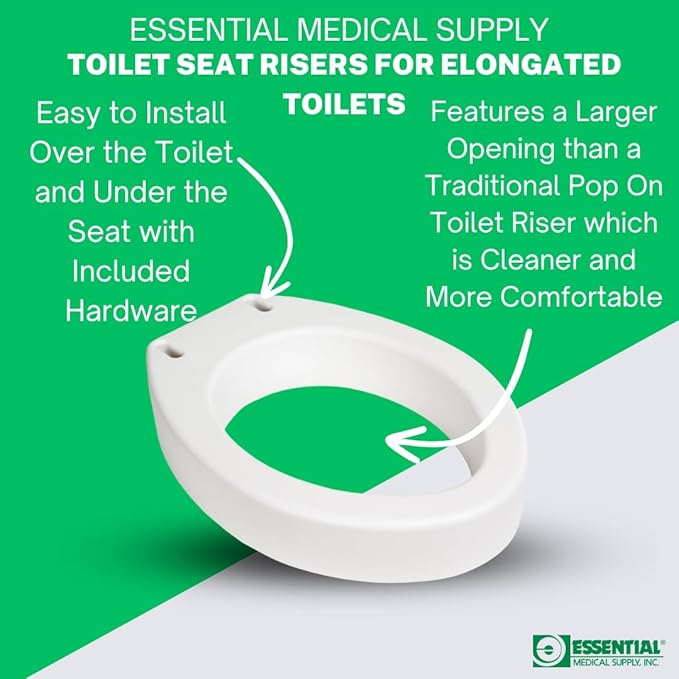 Essential Medical Supply Toilet Seat Riser for Elongated Bowl with 3.5" Rise - 19 x 14 x 3.5 Inch, Elevating and Raising Toilet Seat for Seniors, Adults and The Elderly with 300lb Weight Capacity